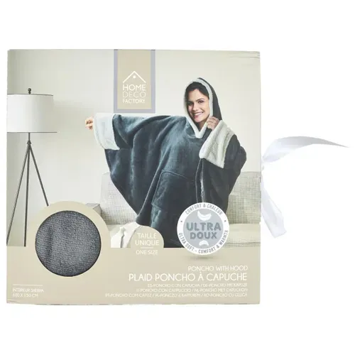 Plaid Poncho à Capuche "sherpa" 100x150cm Gris Foncé