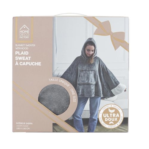 Plaid Poncho à Capuche "sherpa" 100x150cm Gris Foncé
