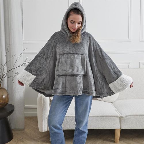 Plaid Poncho à Capuche "sherpa" 100x150cm Gris Foncé
