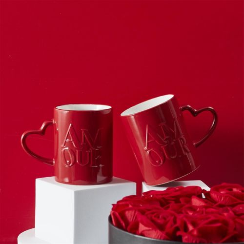 Lot De 2 Mugs En Céramique "amour" 30cl Rouge