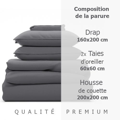 Parure 200/200 Gris Clair - Drap 160/200 + 2 Taies Oreiller 60/60 Cm