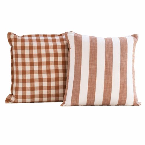 Housse De Coussin 100% Coton Rayures Et Vichy Lourmarin - 45x45 Cm - Terracotta