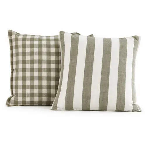 Housse De Coussin 100% Coton Rayures Et Vichy Lourmarin - 45x45 Cm - Kaki