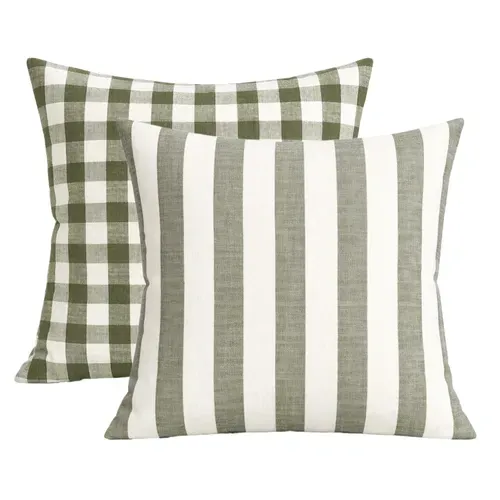 Housse De Coussin Recto-verso 100% Coton Rayures Et Vichy Lourmarin - 60x60 Cm - Kaki