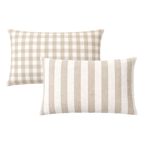 Housse De Coussin Recto-verso 100% Coton Rayures Et Vichy Lourmarin - 45x70 Cm - Beige