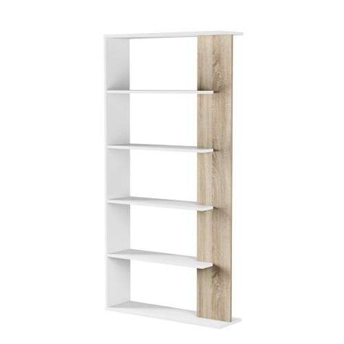 Bibliothèque Avec 5 Étagères Coloris Blanc / Chêne En Mélamine - Dim: 180 X 90 X 25 Cm