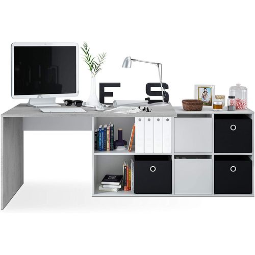 Bureau Avec Caisson Coloris Blanc Artic / Béton- Hauteur 74 X Longueur 136 X 139 Cm