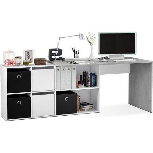 Bureau Avec Caisson Coloris Blanc Artic / Béton- Hauteur 74 X Longueur 136 X 139 Cm