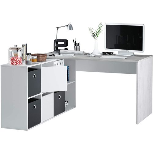 Bureau Avec Caisson Coloris Blanc Artic / Béton- Hauteur 74 X Longueur 136 X 139 Cm