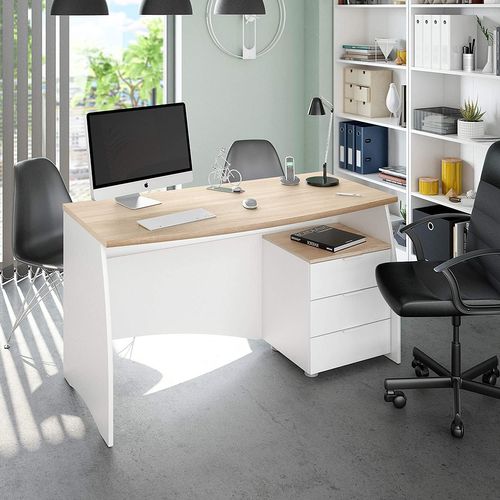 Bureau Avec Caisson De 3 Tiroirs Coloris Blanc Artic / Chêne Canadien. 74 x 136 x 67 cm