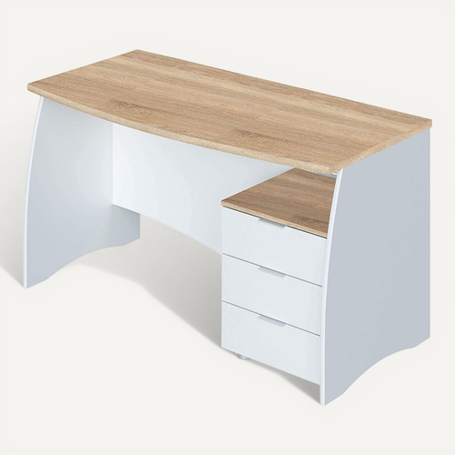 Bureau Avec Caisson De 3 Tiroirs Coloris Blanc Artic / Chêne Canadien. 74 x 136 x 67 cm