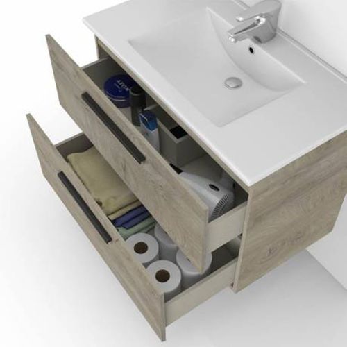 Meuble Sous Vasque De Salle De Bain Suspendu 60 Cm Avec 2 Tiroirs + Miroir.