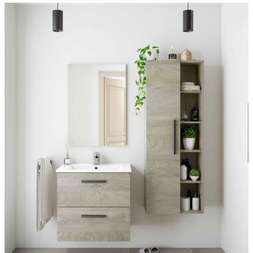 Colonne Salle De Bain Suspendue Avec 1 Porte Coloris Alaska Chêne À Nœuds.
