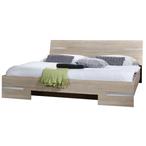 Lit Adulte Double + Chevets Coloris Imitation Chêne/chrome Brillant - L. 149 X P. 210 X H. 81 Cm