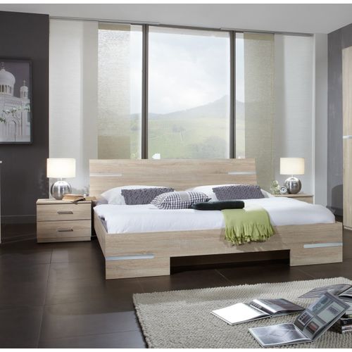 Lit Adulte Double + Chevets Coloris Imitation Chêne/chrome Brillant - L. 149 X P. 210 X H. 81 Cm