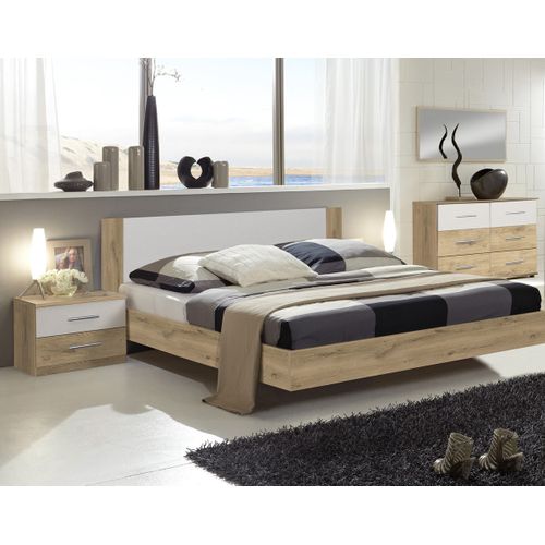 Lit Adulte Double + 2 Chevets Coloris Imitation Chêne Poutre/blanc - L. 169 X P. 210 X H. 80 Cm