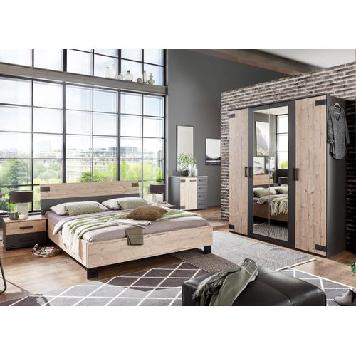 Chambre à Coucher Complète Adulte (lit 140x200 Cm + 2 Chevets + Armoire + Commode) Coloris Chêne