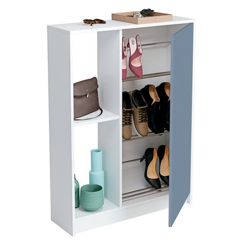 Meuble à Chaussures 1 Porte Coloris Blanc Brillant / Bleu - H. 110 X L. 80 X P. 25 Cm