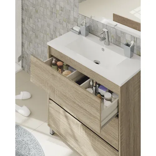 Meuble Vasque Avec Miroir Coloris Cambrian - H. 90 X L. 81.5 X P. 46.5 Cm