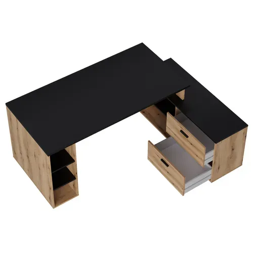 Bureau D'angle En Mélamine Coloris Imitation Chêne Rustique / Noir - L. 183 X P. 141 X H. 75 Cm