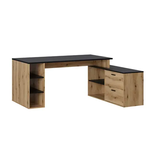 Bureau D'angle En Mélamine Coloris Imitation Chêne Rustique / Noir - L. 183 X P. 141 X H. 75 Cm