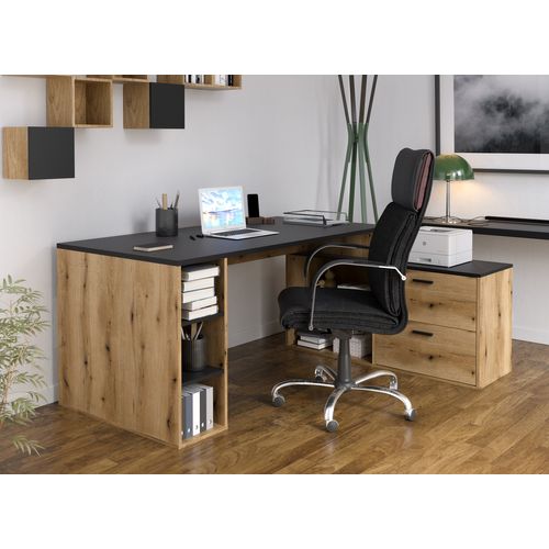 Bureau D'angle En Mélamine Coloris Imitation Chêne Rustique / Noir - L. 183 X P. 141 X H. 75 Cm