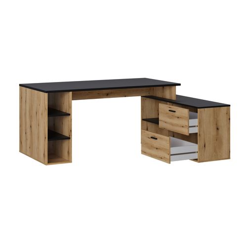 Bureau D'angle En Mélamine Coloris Imitation Chêne Rustique / Noir - L. 183 X P. 141 X H. 75 Cm