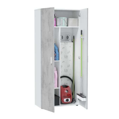 Armoire  Meuble De Rangement coloris blanc mat et gris ciment - H. 182 X L. 80 Cm X P. 37 Cm