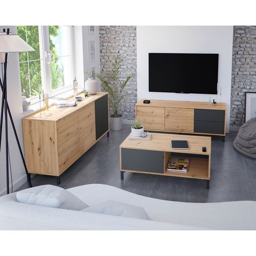Meuble TV En Mélamine Coloris Chêne Gris Anthracite - Hauteur 47 X Longueur 130 X Profondeur 41 Cm