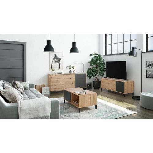 Meuble TV En Mélamine Coloris Chêne Gris Anthracite - Hauteur 47 X Longueur 130 X Profondeur 41 Cm