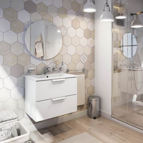 Meuble De Salle De Bain Suspendu 60 Cm Avec 2 Tiroirs Coloris Blanc, Miroir non inclus