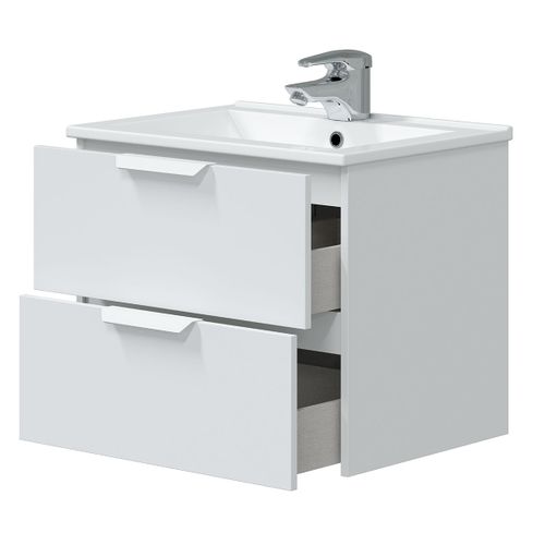 Meuble De Salle De Bain Suspendu 60 Cm Avec 2 Tiroirs Coloris Blanc, Miroir non inclus