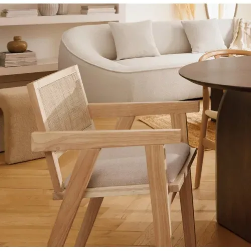 Chaise Fauteuil En Bois Naturel Avec Assise Rembourrée Et Dossier En Cannage