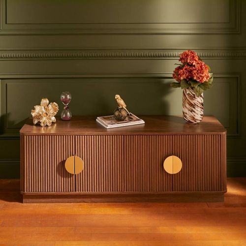 Meuble TV De 4 Portes 2 Coloris Noyer - Longueur 140 X Profondeur 40 X Hauteur 48 Cm