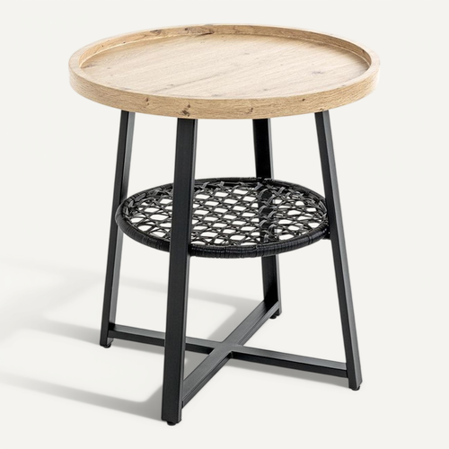 Bout de canapé Ronde Coloris Chêne Et Métal Noir - Diamètre 50 X Hauteur 55 Cm
