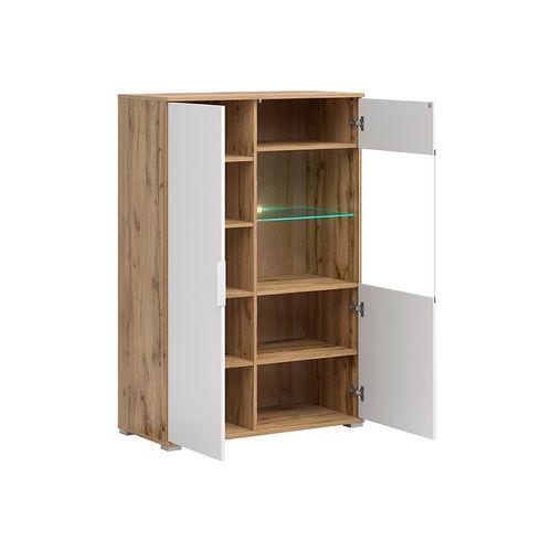 Vitrine Haute En Verre Trempé à 2 Portes Avec Éclairage LED Coloris Chêne Wotan/blanc Brillant