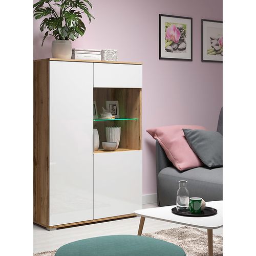 Vitrine Haute En Verre Trempé à 2 Portes Avec Éclairage LED Coloris Chêne Wotan/blanc Brillant