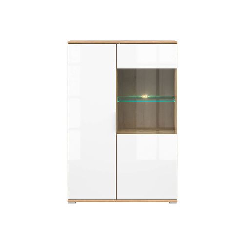 Vitrine Haute En Verre Trempé à 2 Portes Avec Éclairage LED Coloris Chêne Wotan/blanc Brillant