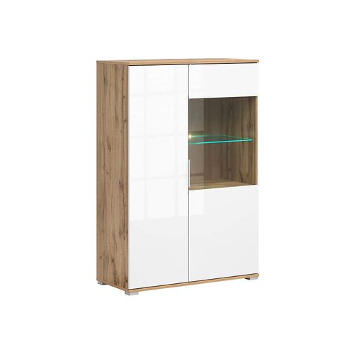 Vitrine Haute En Verre Trempé à 2 Portes Avec Éclairage LED Coloris Chêne Wotan/blanc Brillant