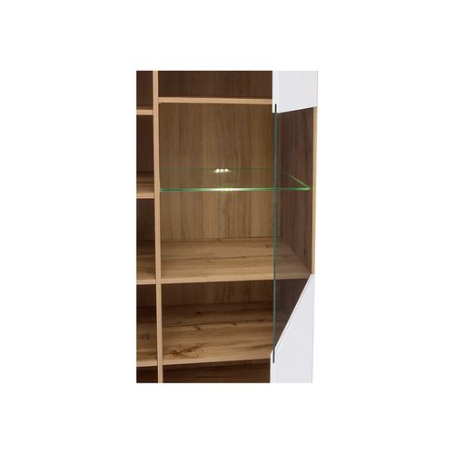 Vitrine Haute En Verre Trempé à 2 Portes Avec Éclairage LED Coloris Chêne Wotan/blanc Brillant