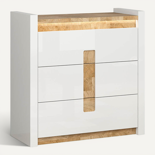 Commode à 3 Tiroirs Meuble De Rangement Avec éclairage LED, Coloris Blanc Brillant/chêne Clair