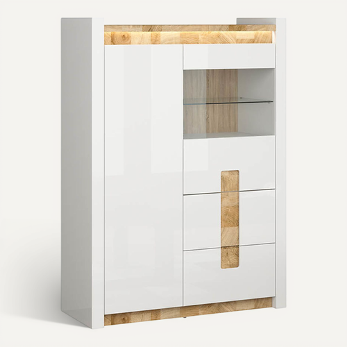 Vitrine Avec 2 Portes Et 2 Tiroirs,avec éclairage LED, Coloris Blanc Brillant/chêne Clair