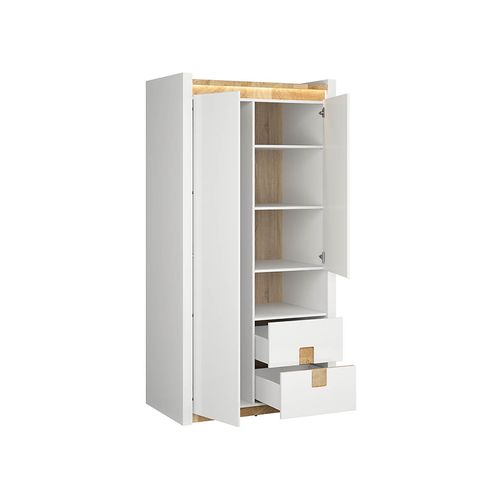 Armoire à 2 Portes Et 2 Tiroirs,avec éclairage LED,coloris Blanc Brillant/chêne Clair