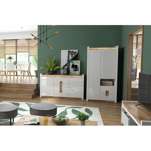 Armoire à 2 Portes Et 2 Tiroirs,avec éclairage LED,coloris Blanc Brillant/chêne Clair