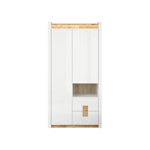 Armoire à 2 Portes Et 2 Tiroirs,avec éclairage LED,coloris Blanc Brillant/chêne Clair