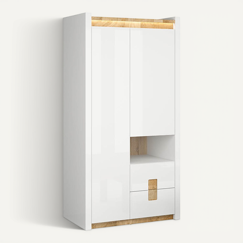 Armoire à 2 Portes Et 2 Tiroirs,avec éclairage LED,coloris Blanc Brillant/chêne Clair
