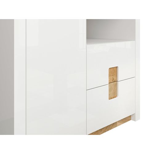 Armoire à 2 Portes Et 2 Tiroirs,avec éclairage LED,coloris Blanc Brillant/chêne Clair