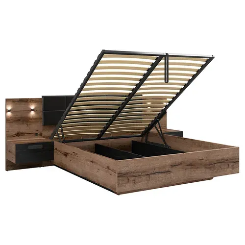 Lit Coffre 160x200 + 2 Tables De Chevet éclairage LED Avec Sommier Et Rangement