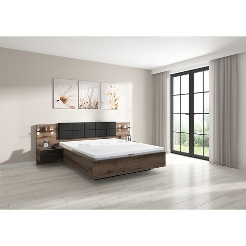 Lit Coffre 160x200 + 2 Tables De Chevet éclairage LED Avec Sommier Et Rangement