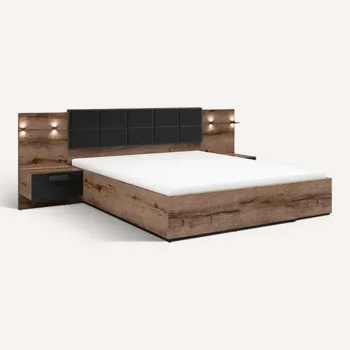 Lit Coffre 160x200 + 2 Tables De Chevet éclairage LED Avec Sommier Et Rangement